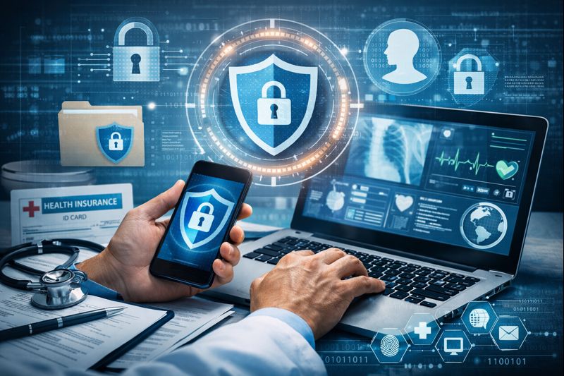 Healthcare professional securing patient data on laptop and smartphone with digital encryption and privacy icons – patient data privacy and security concept